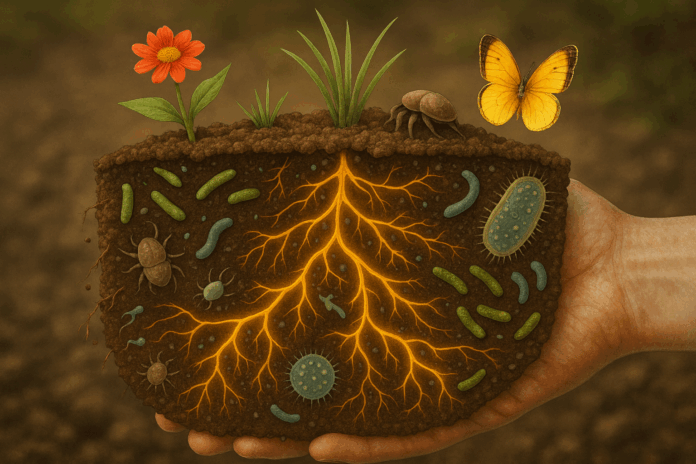 Mano che tiene una zolla di terra in sezione iperrealistica, con radici, micelio e microrganismi visibili sotto la superficie e fiori, erba e insetti in superficie, a rappresentare il microbioma del suolo e la sua biodiversità.