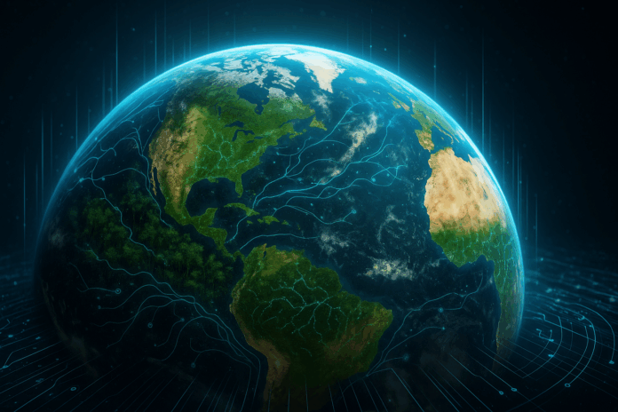 Vista satellitare della Terra con sovrapposizioni digitali, simbolo dell’uso dell’intelligenza artificiale per l’ambiente.