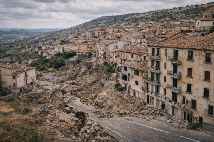 Veduta panoramica del centro di Niscemi dopo la frana che ha colpito l’area classificata da anni a rischio idrogeologico molto elevato secondo il Piano di Assetto Idrogeologico (PAI). L’immagine mostra edifici e infrastrutture compromessi da un dissesto noto e documentato.