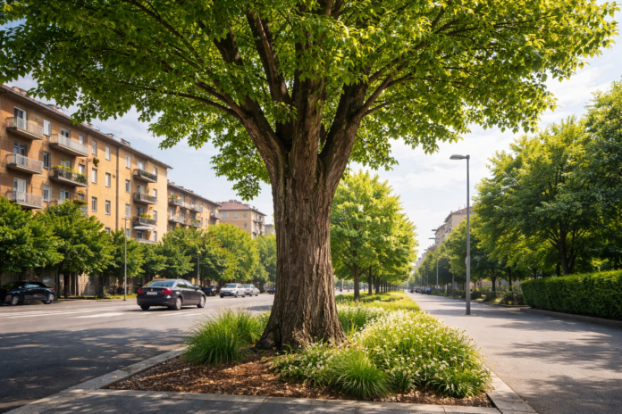 Albero urbano in salute lungo un viale cittadino con aiuola curata, esempio di corretta gestione del verde pubblico in città.