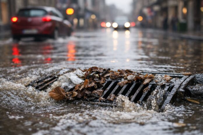 Caditoia stradale intasata da foglie e rifiuti durante una pioggia, con acqua che non defluisce e allaga la carreggiata urbana