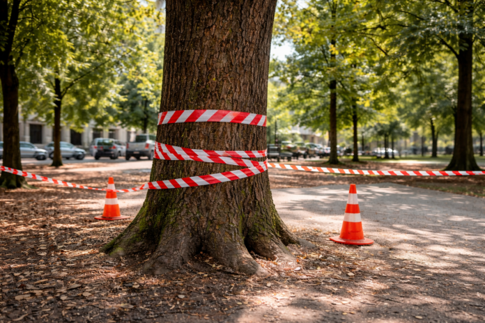 Nastri rossi di cantiere attorno al tronco di un albero urbano in attesa di abbattimento comunale