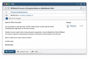 Schermata di PEC inviata a ufficio protocollo comunale per accesso civico generalizzato su abbattimento alberi