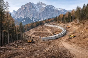 Cantiere del Cortina Sliding Centre sulle Tofane durante i lavori di realizzazione della pista da bob per le Olimpiadi 2026