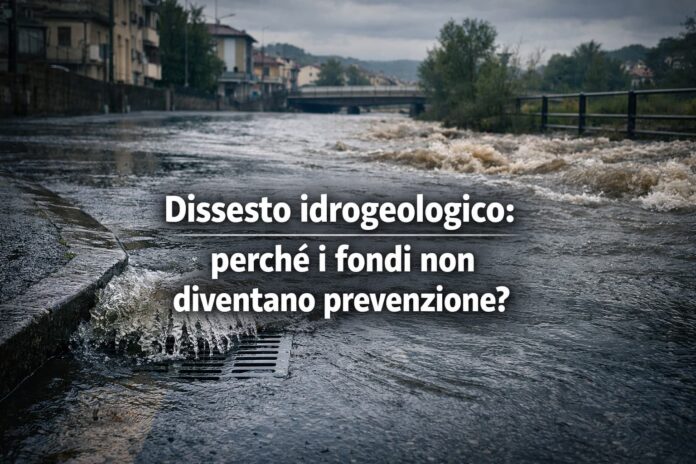 Strada urbana allagata dopo pioggia intensa, esempio di dissesto idrogeologico e mancata prevenzione infrastrutturale