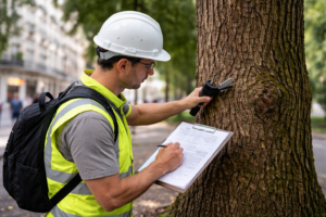 Tecnico arboricoltore che effettua valutazione VTA con Protocollo SIA su albero in contesto urbano