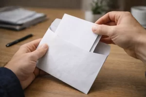 mano inserisce documenti in una busta per invio formale