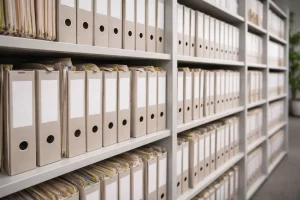scaffali con fascicoli d’archivio che rappresentano documentazione amministrativa