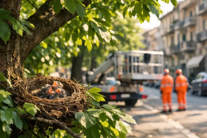 Nido con uova su un albero urbano in primavera, con piattaforma elevatrice da potatura visibile sullo sfondo