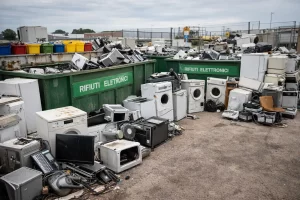 Centro di raccolta RAEE con elettrodomestici e rifiuti elettronici destinati al riciclo