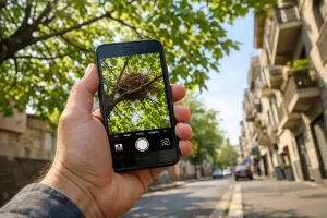 Una persona fotografa con lo smartphone un nido su un albero urbano per documentarne la presenza prima di una potatura