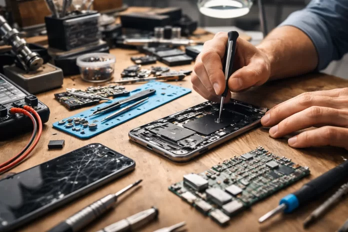Tecnico che ripara uno smartphone aperto su un banco di lavoro con strumenti elettronici
