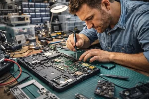 Tecnico che ripara un laptop aperto in un laboratorio di riparazione elettronica