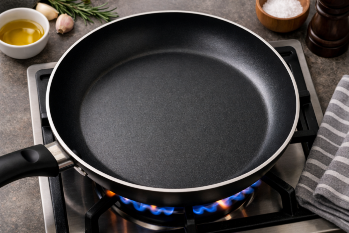 Padella antiaderente con rivestimento PTFE su piano cottura, vista dall'alto con superficie integra