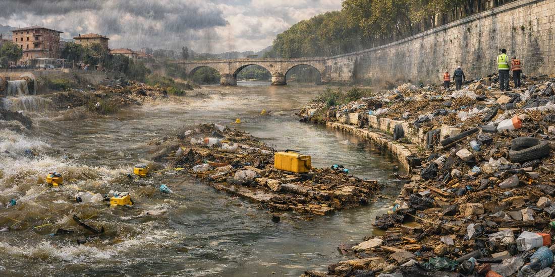 Tevere con banchine piene di rifiuti dopo la piena