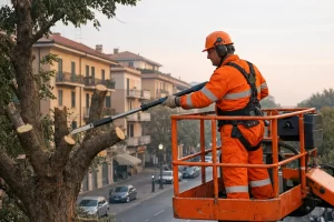 Operaio in tuta arancione su piattaforma elevatrice che pota drasticamente un albero urbano in un viale cittadino