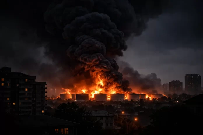 Colonna di fumo nero da una raffineria in fiamme sul profilo urbano notturno di Teheran, marzo 2026