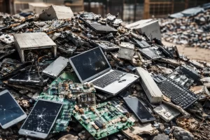 Cumulo di rifiuti elettronici con smartphone, computer e circuiti elettronici