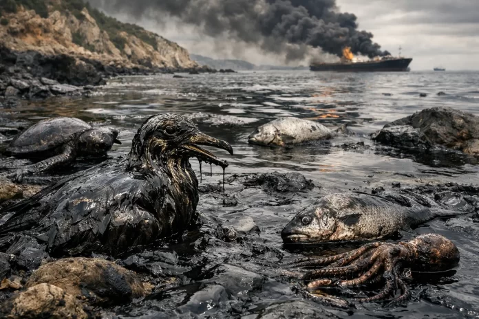 Fauna marina del Mediterraneo ricoperta di petrolio dopo uno sversamento in mare, con uccelli, pesci e tartarughe contaminati dal greggio lungo la costa