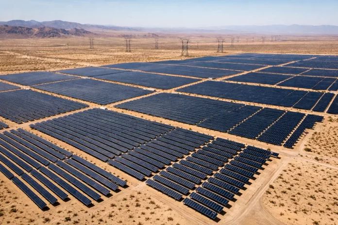 Impianto solare fotovoltaico utility-scale visto dall'alto: distesa di pannelli in paesaggio arido con linee di trasmissione ad alta tensione, transizione energetica su scala industriale