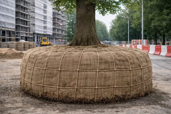 Zolla di albero adulto avvolta in juta su cantiere urbano, esempio di zollatura corretta per trapianto arboreo