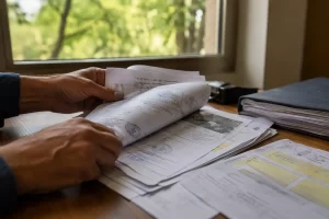 Accesso agli atti forestali autorizzazione taglio alberi cittadino - Eywa Divulgazione Mani che consultano documenti ufficiali su autorizzazione forestale, accesso civico generalizzato FOIA Italia