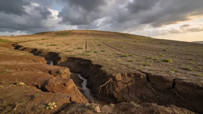 Pendio agricolo collinare con solchi profondi