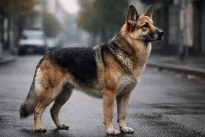 Cane adulto di profilo su sfondo urbano — tutela e denuncia - Eywa Divulgazione Cane adulto ripreso di profilo con sguardo lontano su uno sfondo urbano desaturato, postura calma ma distante