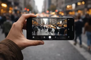 Documentare con lo smartphone — prove per la denuncia di maltrattamento - Eywa Divulgazione Mano che tiene uno smartphone per documentare una situazione urbana — gesto simbolo della raccolta prove per una denuncia di maltrattamento animale