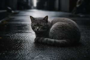 Gatto rannicchiato su asfalto bagnato — trascuratezza cronica - Eywa Divulgazione Gatto grigio rannicchiato su asfalto bagnato in un contesto urbano, con postura contratta e occhi socchiusi