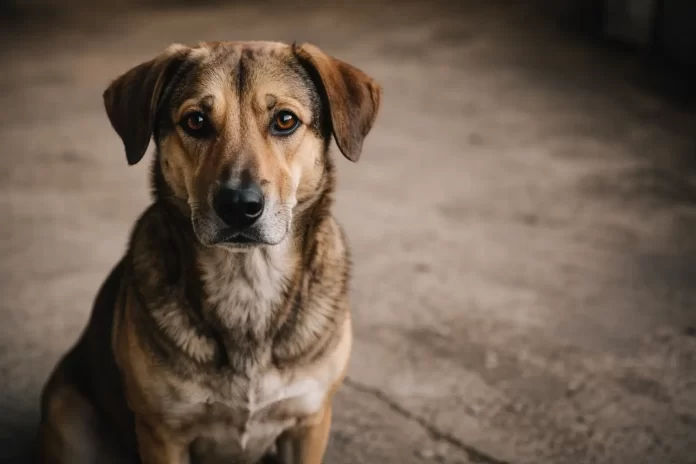 Cane di taglia media con espressione persa e pelo opaco, fotografato su sfondo desaturato — immagine simbolo della tutela animale