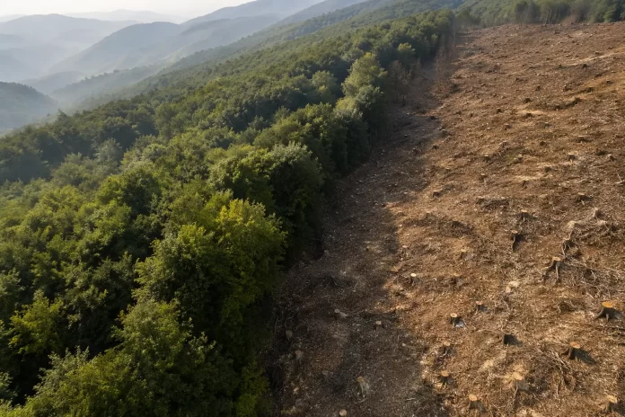Bosco di latifoglie parzialmente abbattuto in area protetta, con ceppi freschi visibili dopo autorizzazione di sostituzione di specie