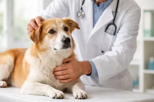 Veterinario ASL durante una visita — controllo benessere animale - Eywa Divulgazione Veterinario in camice bianco che visita un cane su un lettino clinico in un ambiente professionale luminoso