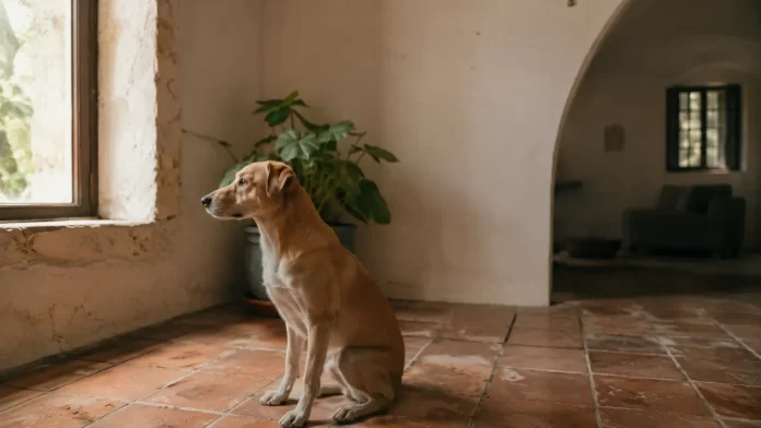 Cane meticcio adulto adottato in un ambiente domestico, luce naturale, articolo Eywa sull'adozione come gesto ecologico