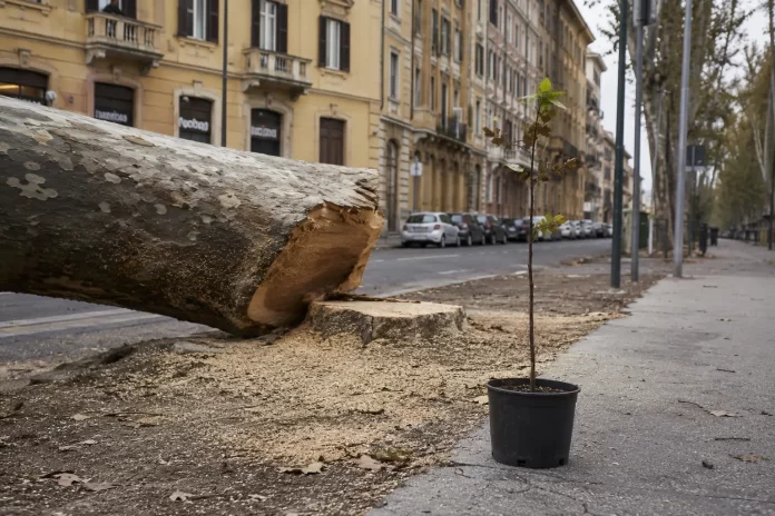 Tronco di platano maturo in fase di abbattimento con motosega in un viale urbano italiano, con alberello da vivaio posizionato sul marciapiede in attesa del reimpianto