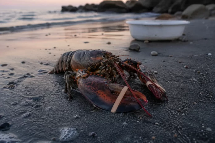 Astice americano con chele legate da elastici, posato su sabbia bagnata al bordo del mare nelle prime ore del giorno.