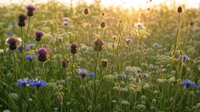 Prateria selvaggia fiorita in controluce dorato, habitat dei funghi del suolo che sostengono la rete viva del sottosuolo