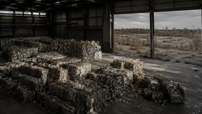 Balle di rifiuti differenziati accatastate in un capannone industriale con un'area edificabile vuota sullo sfondo, simbolo della carenza di impianti di trattamento in Italia