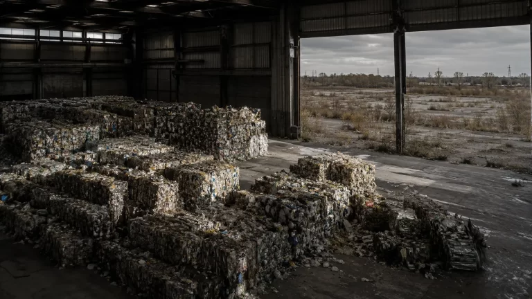 Balle di rifiuti differenziati accatastate in un capannone industriale con un'area edificabile vuota sullo sfondo, simbolo della carenza di impianti di trattamento in Italia