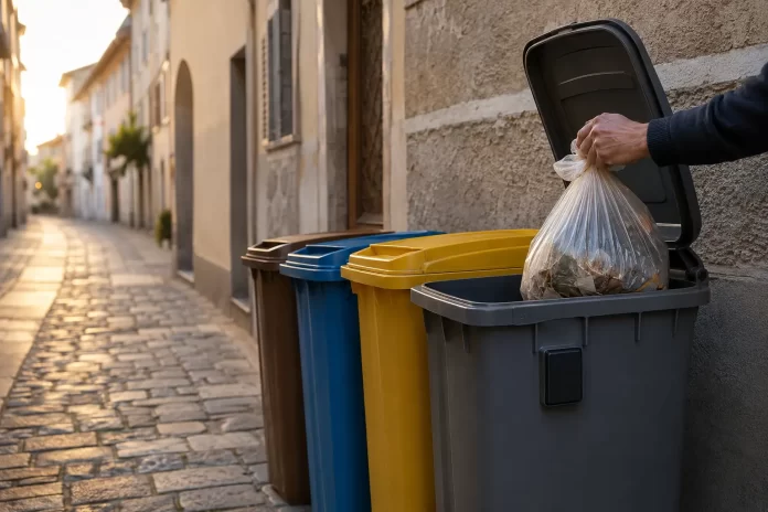 Bidoni della raccolta differenziata con lettore RFID in un quartiere urbano italiano