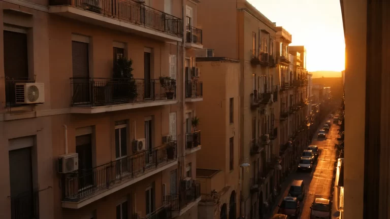 Unità esterne di condizionatori sui balconi di un palazzo in una sera d’estate
