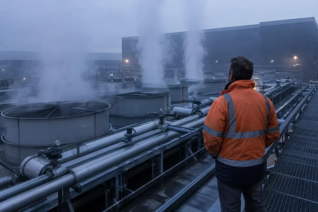 data-center-acqua-raffreddamento-torri-evaporative - Eywa Divulgazione Un tecnico osserva le torri evaporative di raffreddamento di un data center mentre il vapore sale nell'aria del mattino