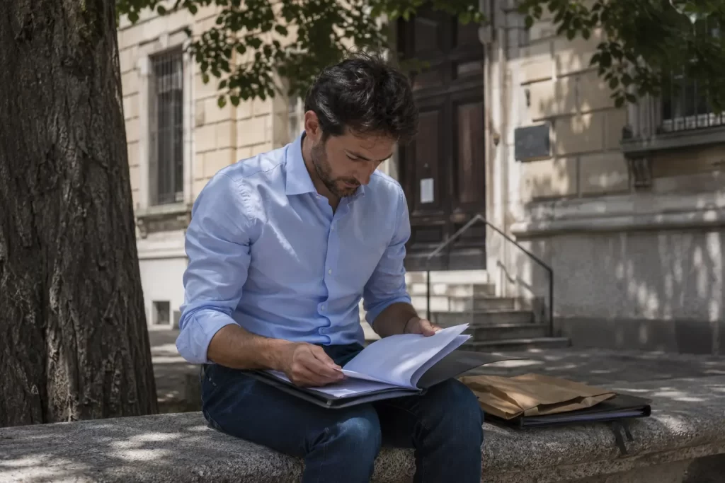 data-center-foia-accesso-atti-documenti-cittadino - Eywa Divulgazione Un uomo sfoglia un faldone di documenti amministrativi appena ottenuti, seduto su una panchina davanti a un edificio pubblico