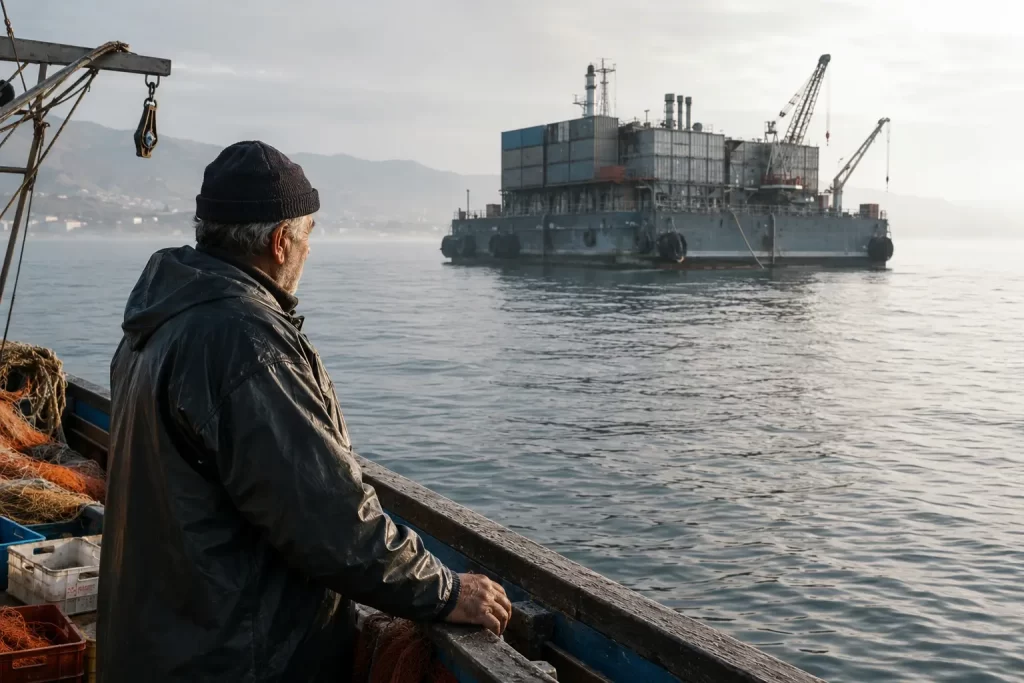 data-center-in-mare-piattaforma-galleggiante-pescatore - Eywa Divulgazione Un pescatore a bordo del suo peschereccio osserva una grande piattaforma galleggiante ancorata al largo della costa