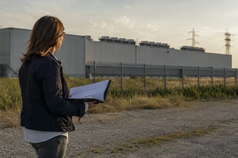 Una donna consulta documenti stampati davanti al perimetro recintato di un grande data center al tramonto.