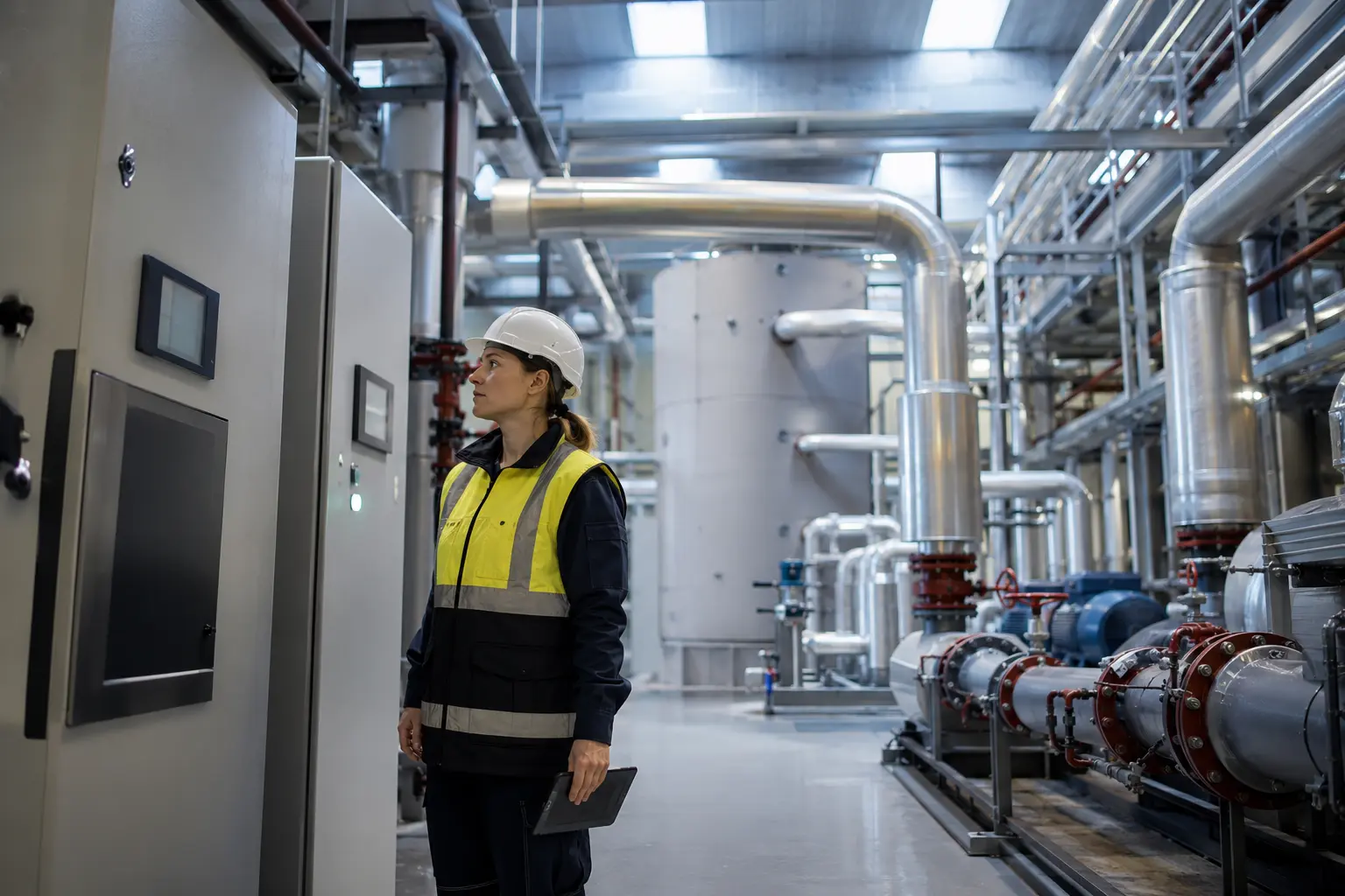 data-center-recupero-calore-teleriscaldamento-tecnico - Eywa Divulgazione Una tecnica con casco e giubbotto ad alta visibilità controlla grandi pompe di calore e tubazioni in una centrale di teleriscaldamento