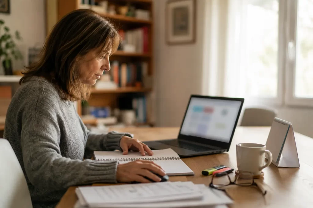 data-center-stadio-zero-monitoraggio-cittadina-computer - Eywa Divulgazione Una donna consulta al computer, sul tavolo di casa, mappe e documenti per il monitoraggio mensile dei progetti sul territorio