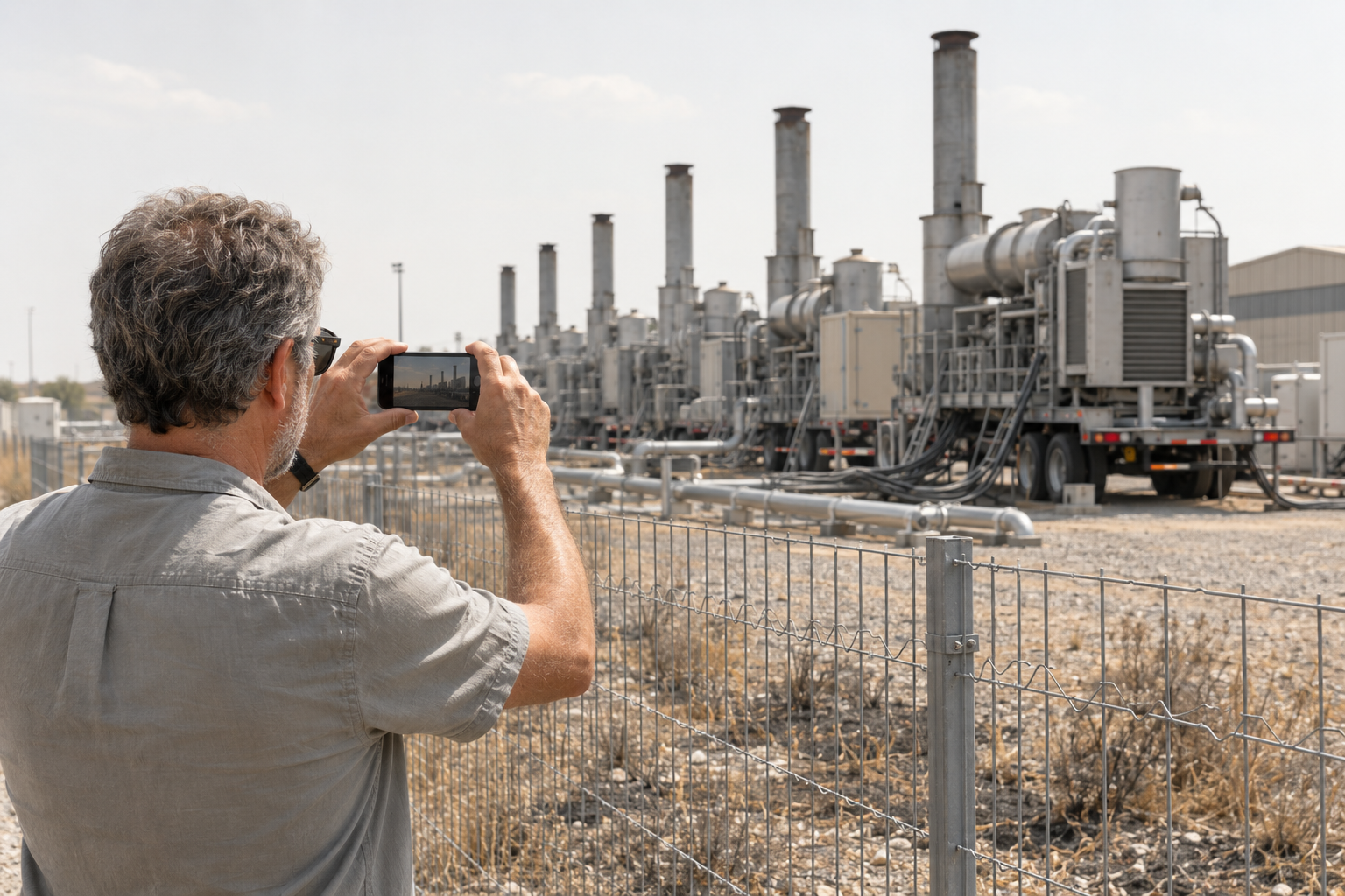 data-center-turbine-gas-aria-lezione-americana - Eywa Divulgazione Un uomo fotografa con il telefono una fila di turbine a gas su rimorchio oltre una recinzione, in un sito industriale polveroso