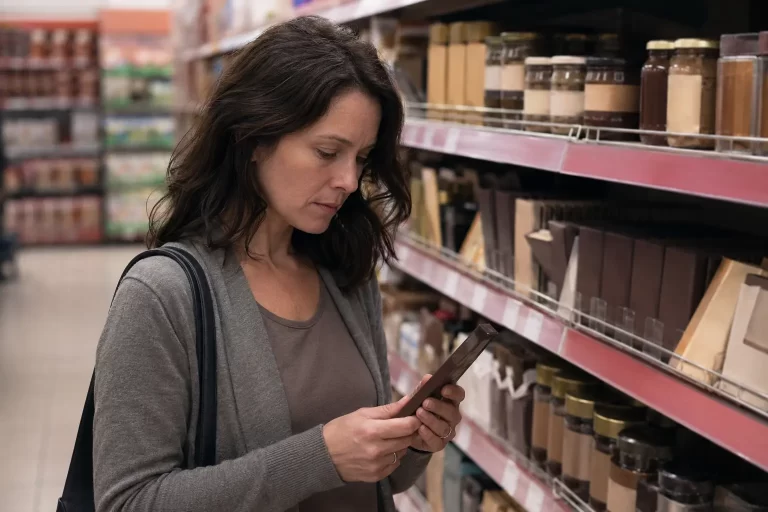 Una consumatrice osserva una confezione di caffè davanti allo scaffale di un supermercato, tema deforestazione e Regolamento UE EUDR