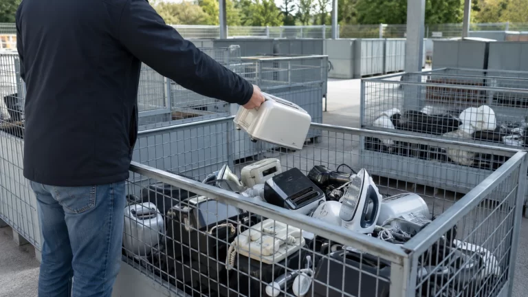 Persona di spalle che deposita un piccolo elettrodomestico in una gabbia per rifiuti elettronici